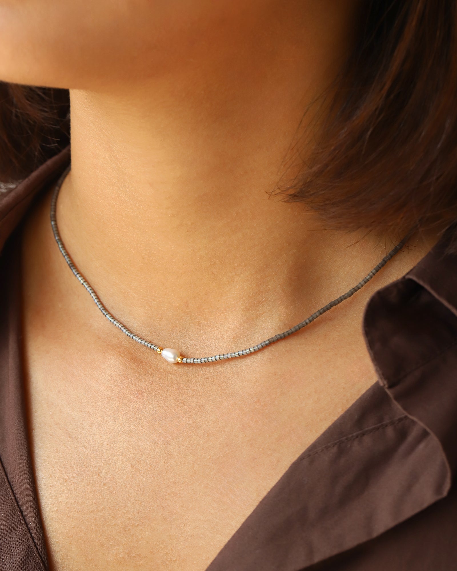 Miyuki Pearl Necklace Gold Plated, Miyuki Bead, White Pearl
