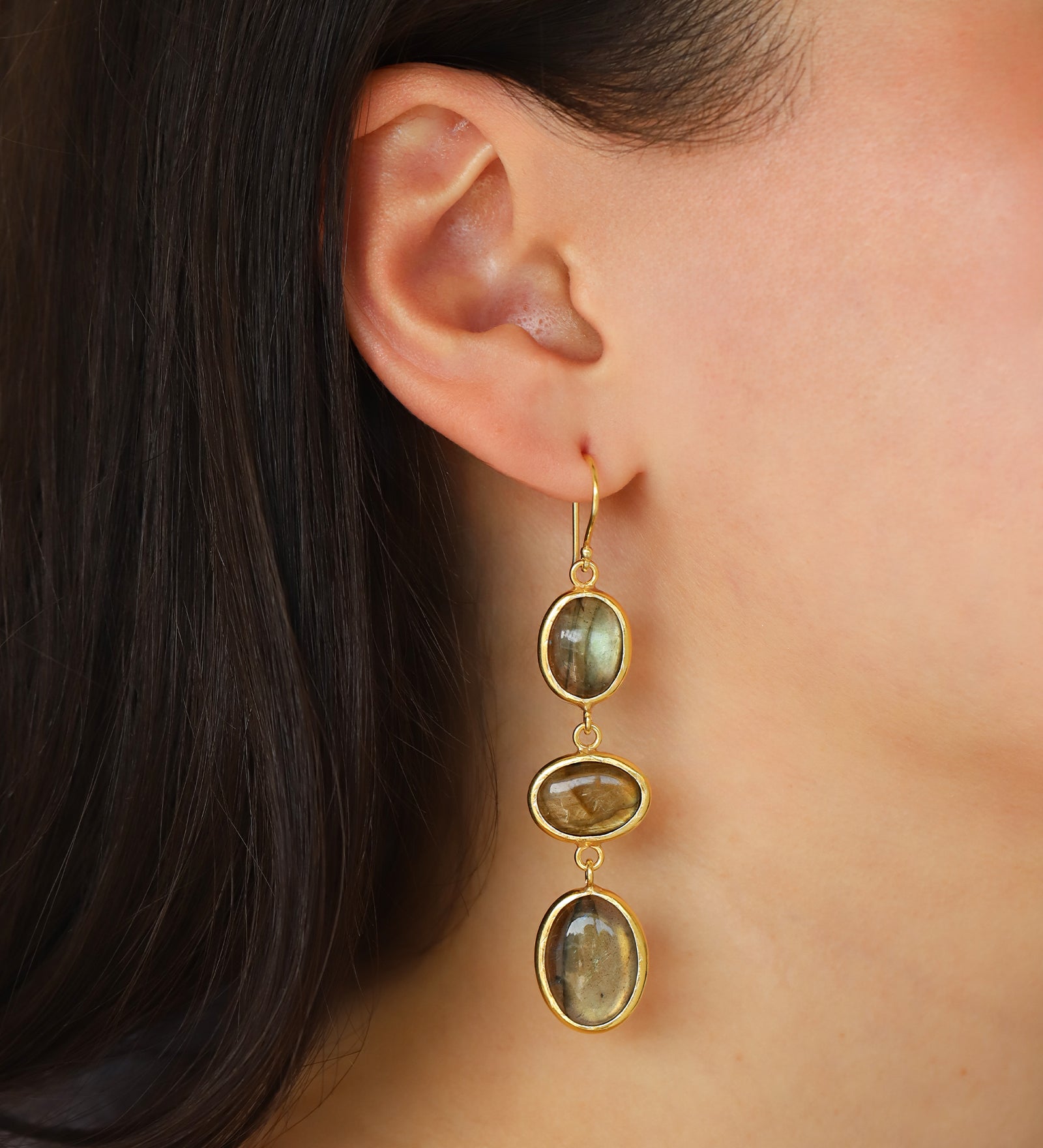 3 Drop Labradorite Earrings Gold Vermeil, Labradorite