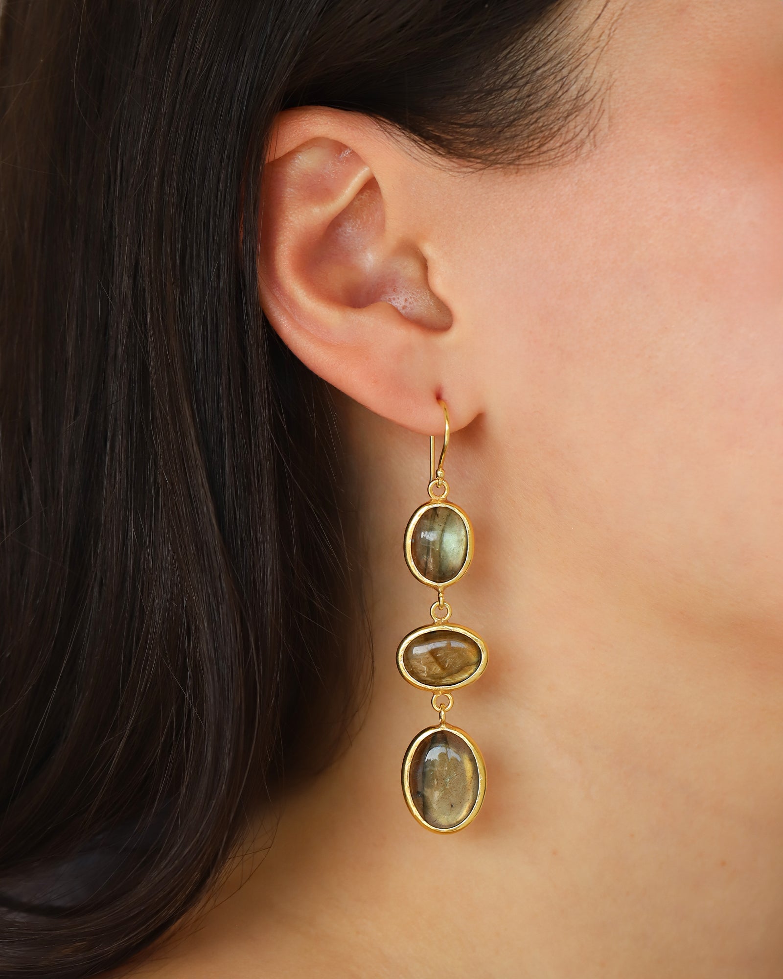 3 Drop Labradorite Earrings Gold Vermeil, Labradorite