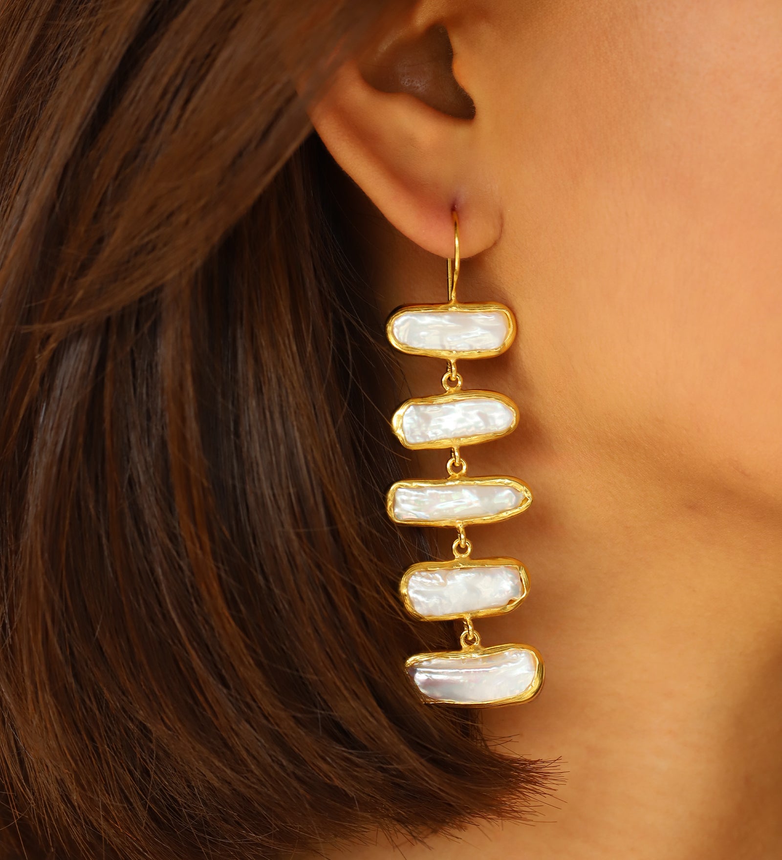 5 Drop Mother of Pearl Earrings Gold Plated, Mother of Pearl