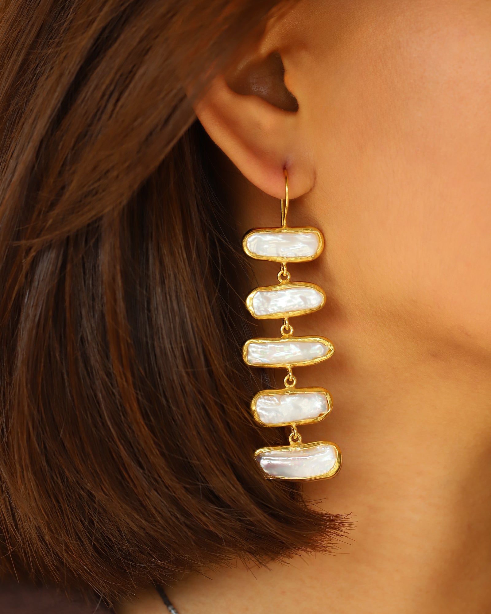 5 Drop Mother of Pearl Earrings Gold Plated, Mother of Pearl
