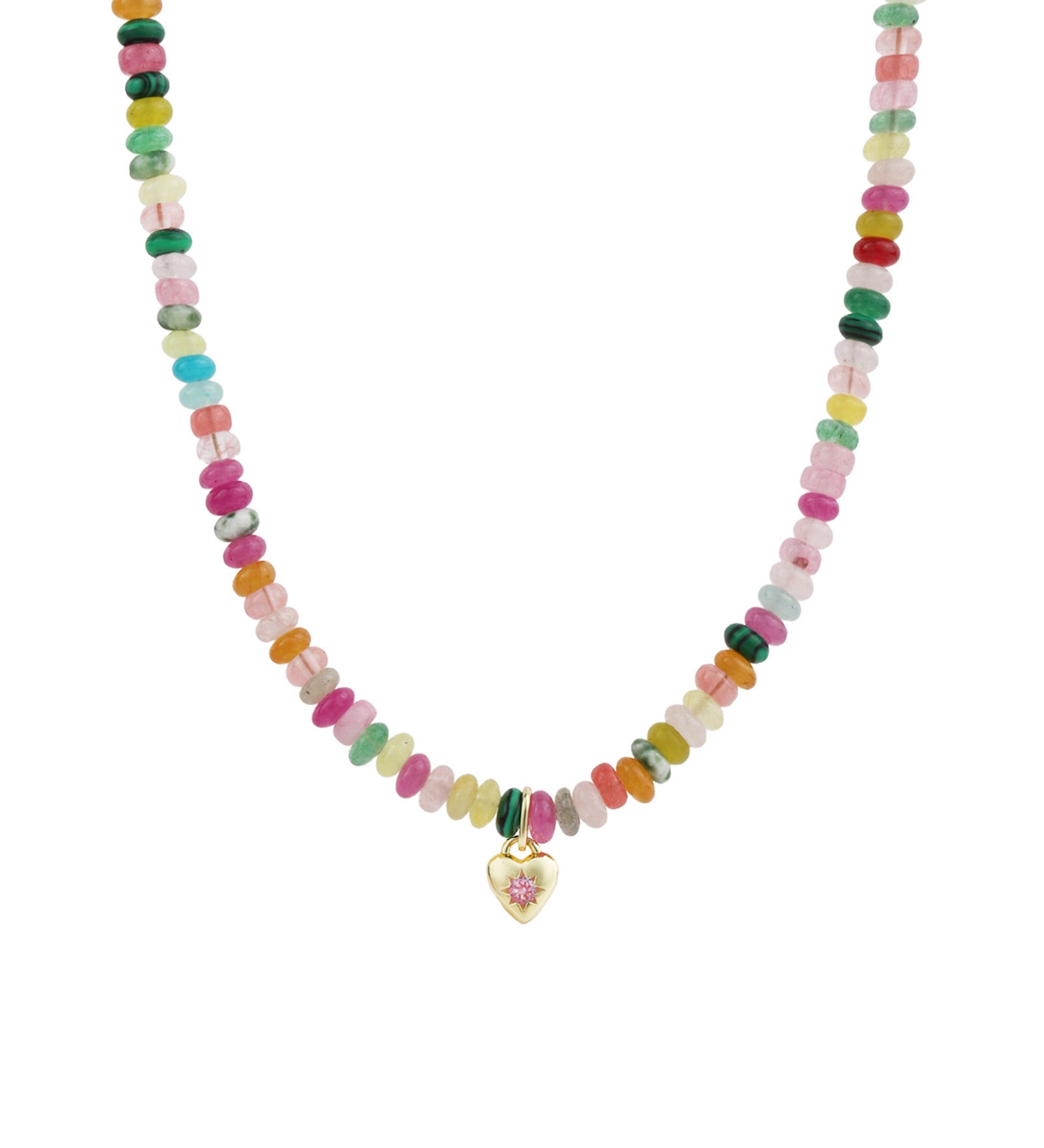 Charm Society-Tiny Heart Charm Beaded Necklace-Necklaces-14k Gold Filled, 14k Gold Vermeil, Rainbow Mix-Blue Ruby Jewellery-Vancouver Canada