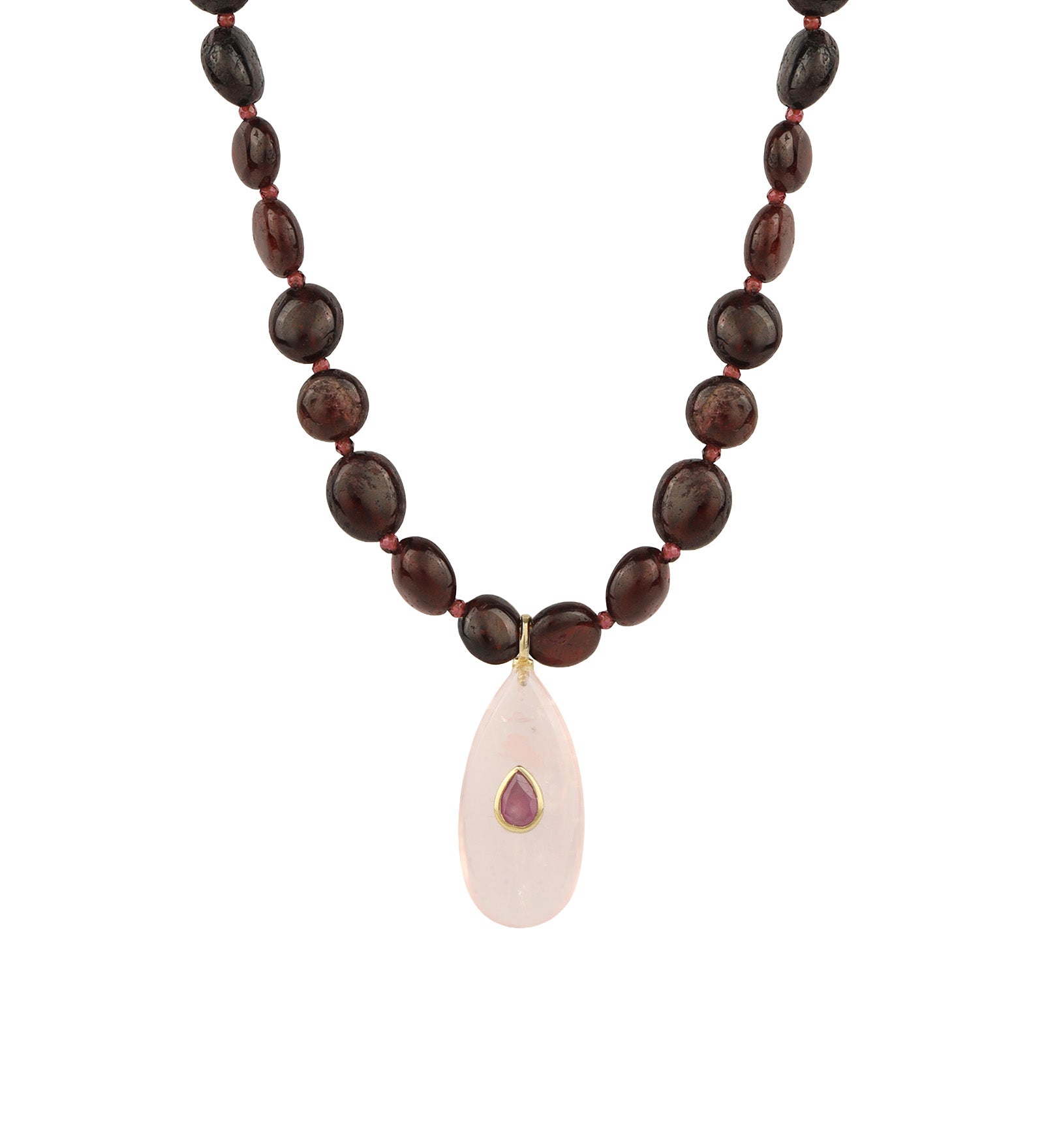 Garnet Mosaic Inlay Pendant Necklace 14k Gold Plated, Garnet, Rose Quartz
