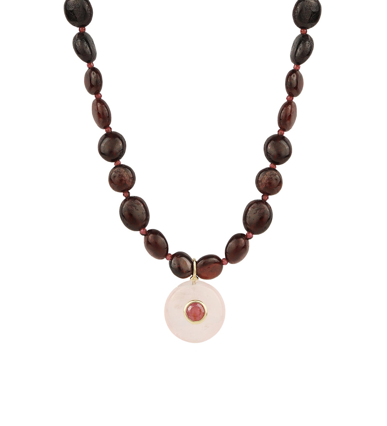 Garnet Mosaic Inlay Pendant Necklace 14k Gold Plated, Garnet, Rose Quartz
