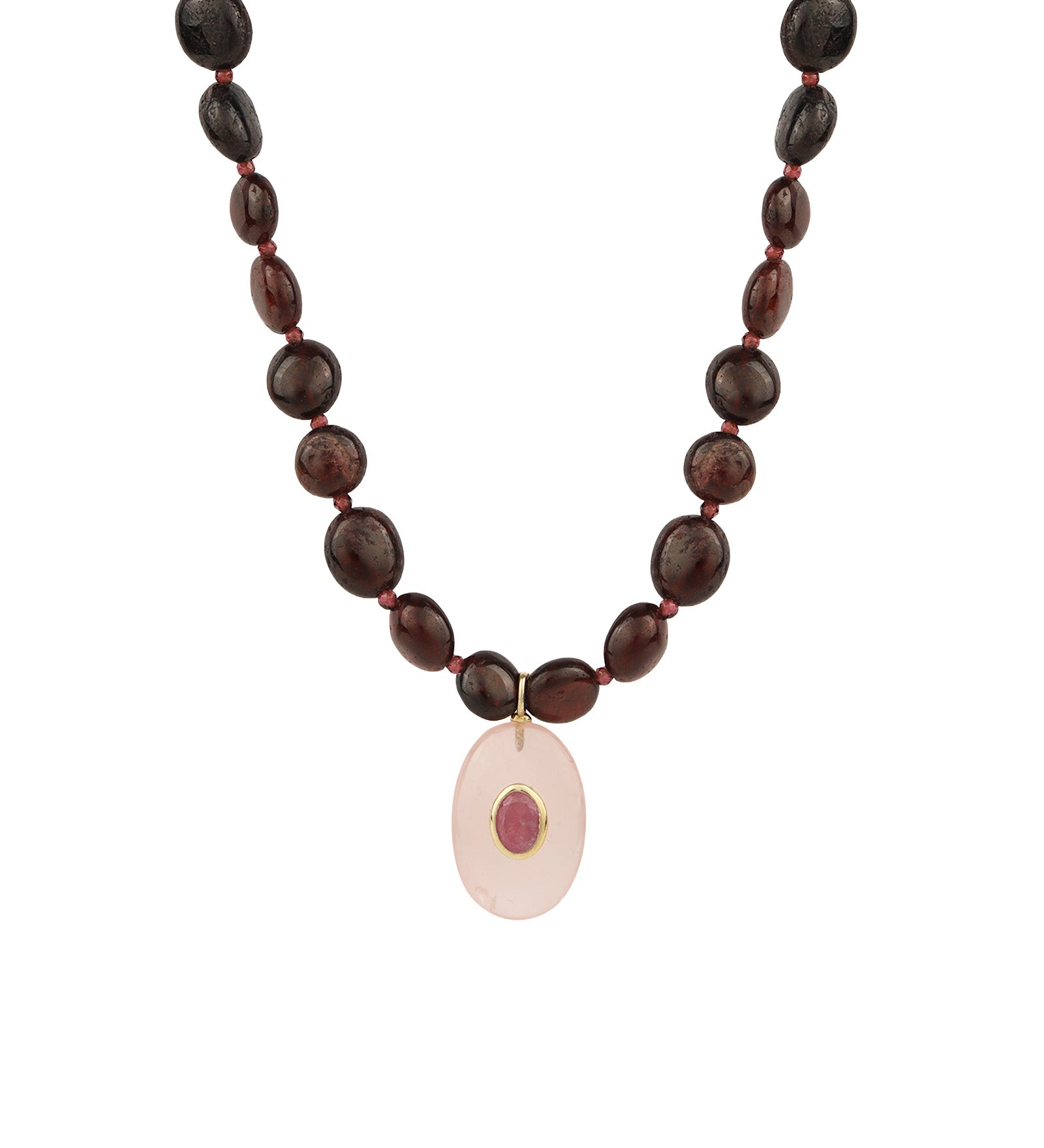 Garnet Mosaic Inlay Pendant Necklace 14k Gold Plated, Garnet, Rose Quartz