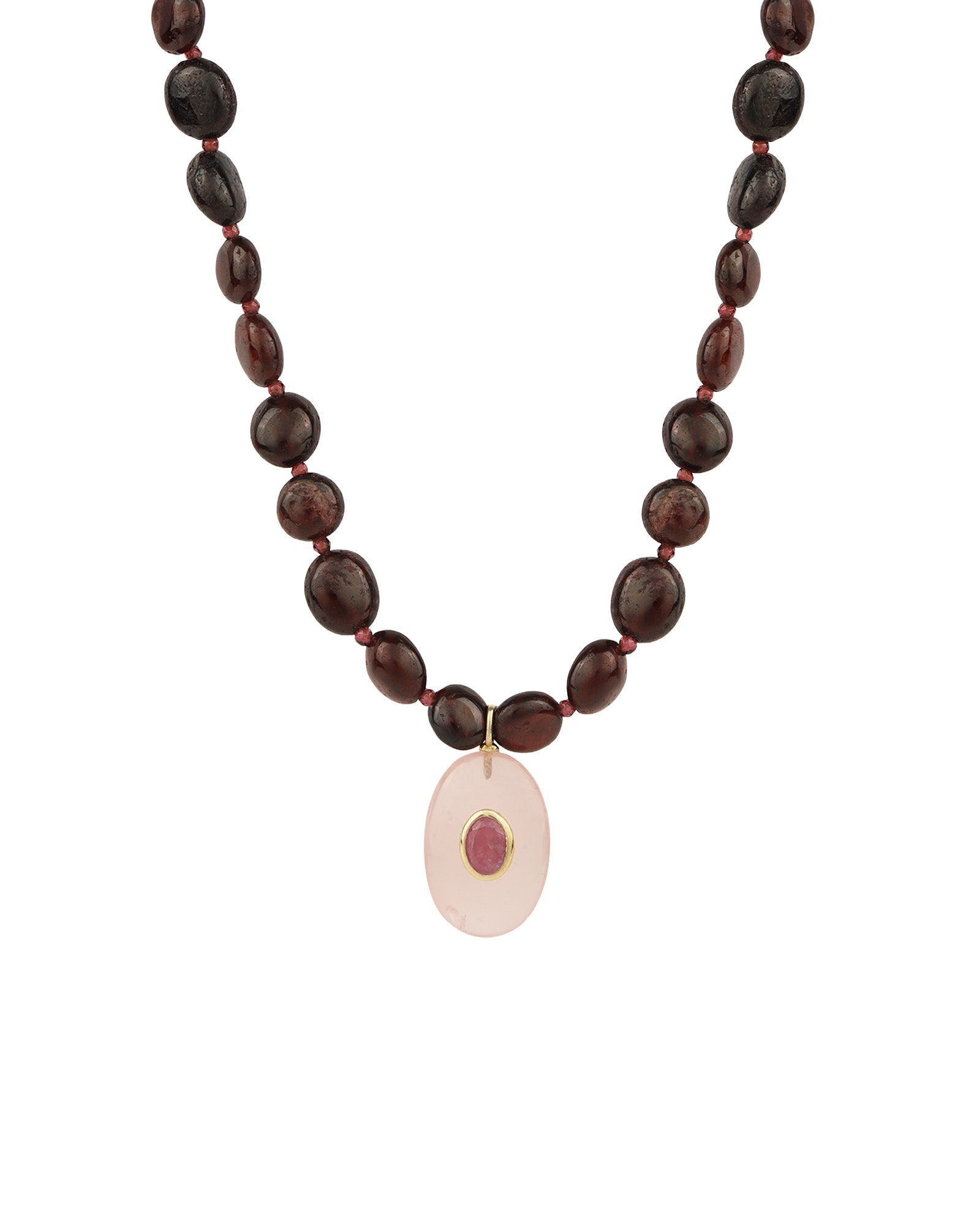 Garnet Mosaic Inlay Pendant Necklace 14k Gold Plated, Garnet, Rose Quartz