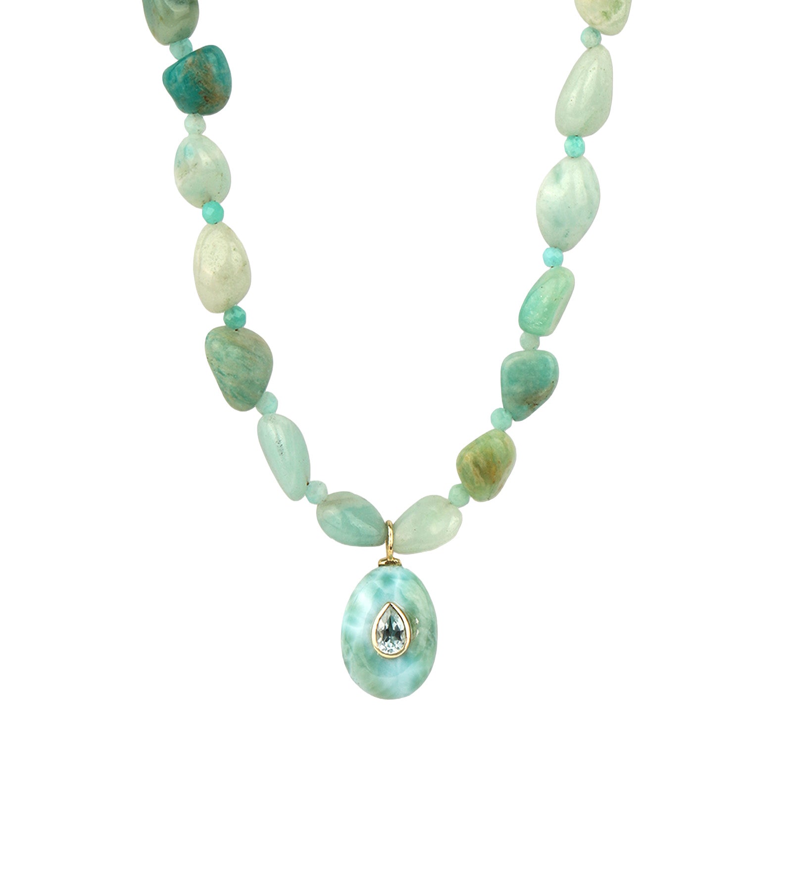 Amazonite Mosaic Inlay Pendant Necklace 14k Gold Plated, Amazonite, Blue Topaz