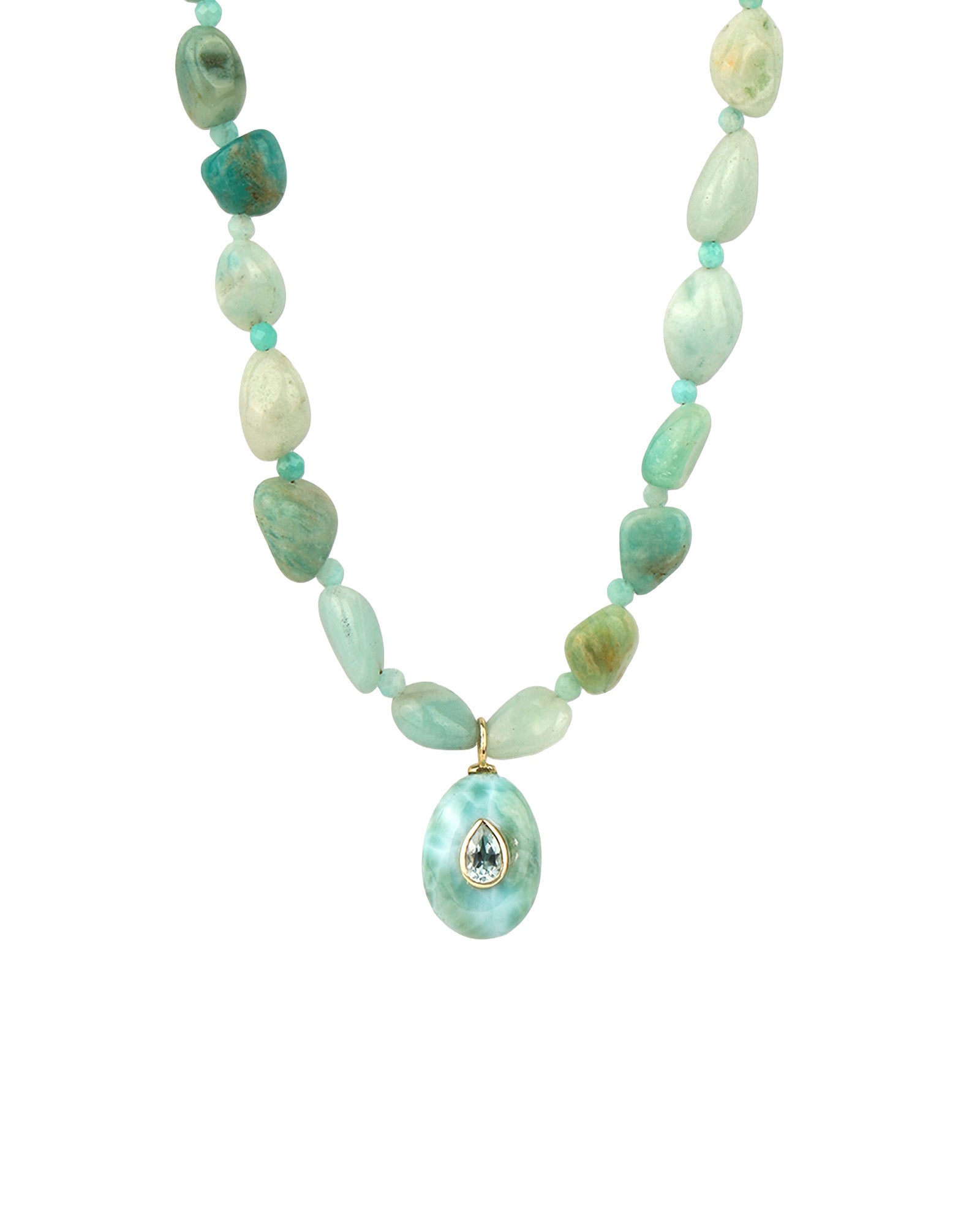 Amazonite Mosaic Inlay Pendant Necklace 14k Gold Plated, Amazonite, Blue Topaz