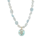 Aquamarine Mosaic Inlay Pendant Necklace 14k Gold Plated, Aquamarine, Blue Topaz