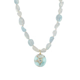 Aquamarine Mosaic Inlay Pendant Necklace 14k Gold Plated, Aquamarine, Blue Topaz