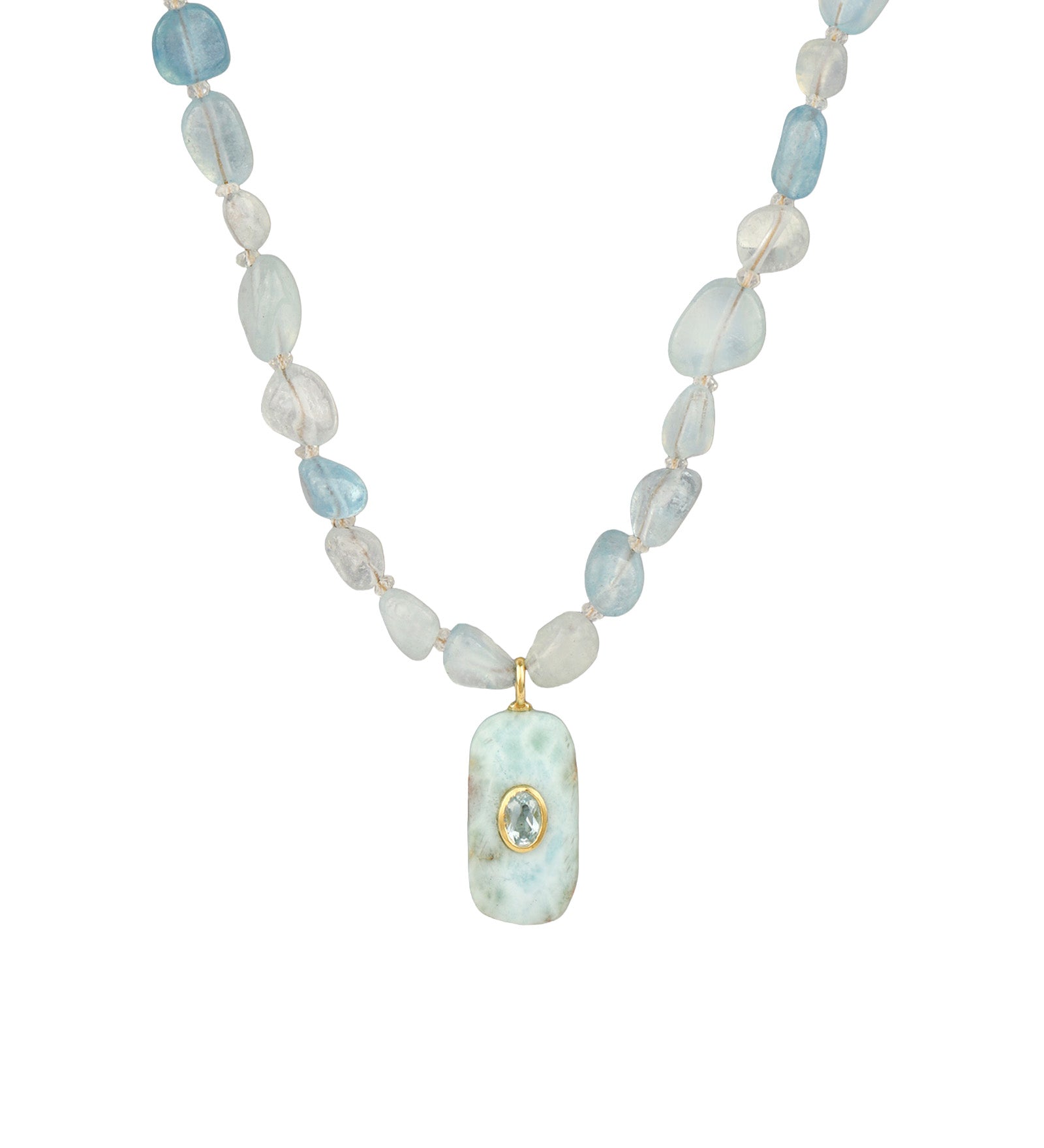 Aquamarine Mosaic Inlay Pendant Necklace 14k Gold Plated, Aquamarine, Blue Topaz