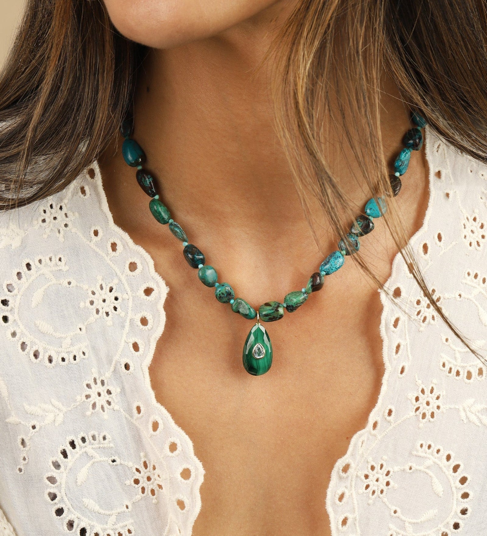Chrysoprase Mosaic Inlay Pendant Necklace 14k Gold Plated, Chrysoprase, Turquoise