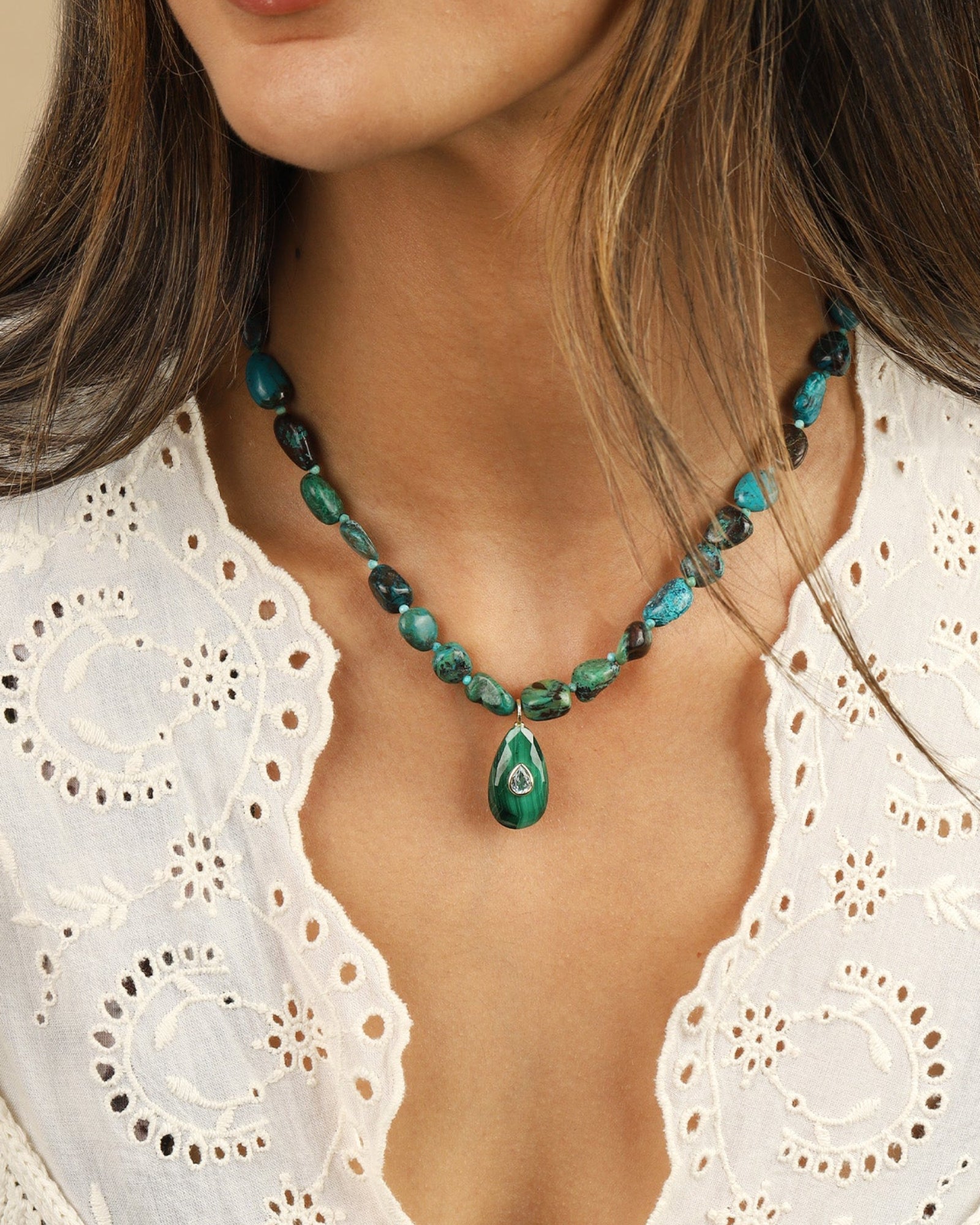 Chrysoprase Mosaic Inlay Pendant Necklace 14k Gold Plated, Chrysoprase, Turquoise