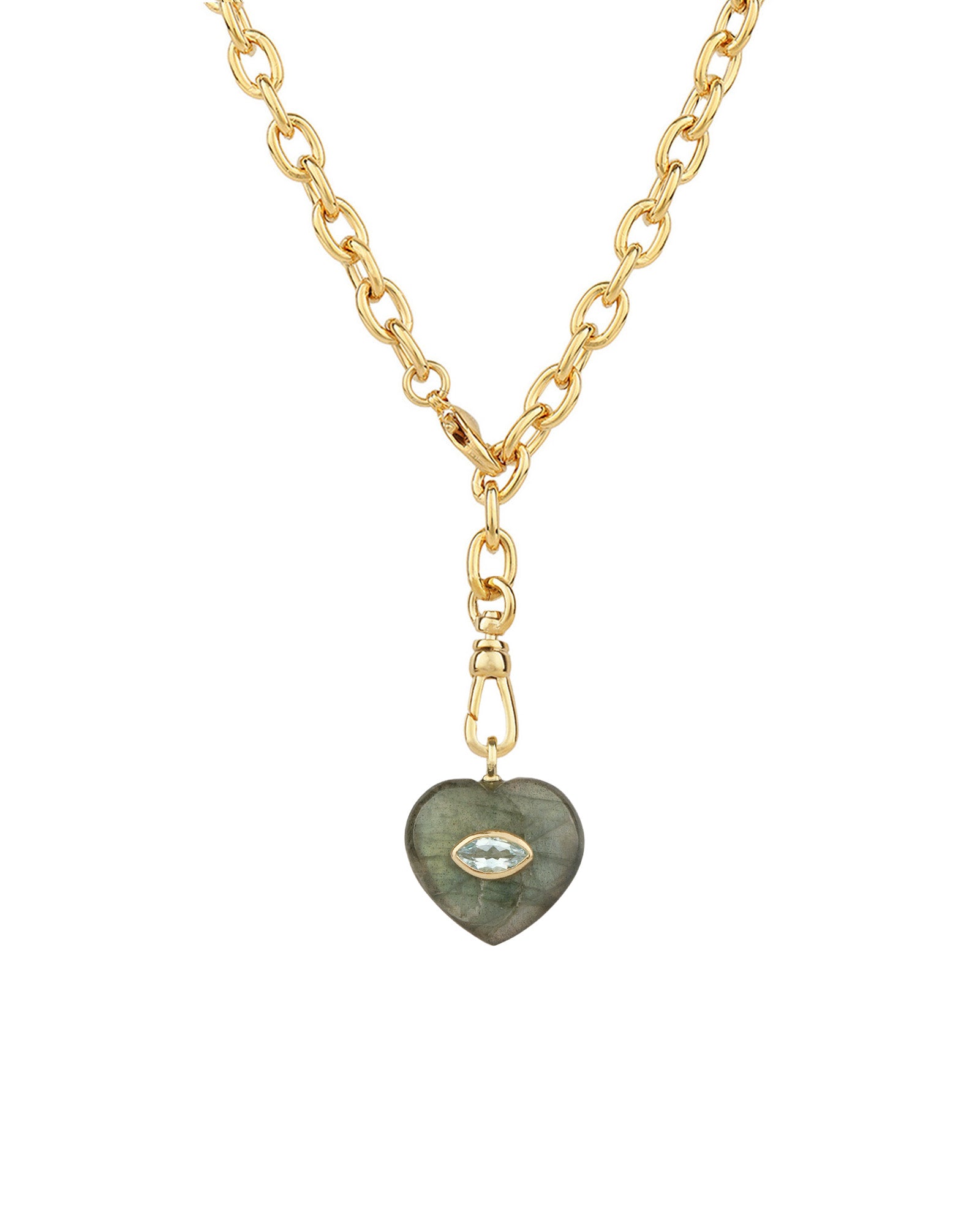 Labradorite & Blue Topaz Heart Y Necklace 14k Gold Plated, Labradorite, Blue Topaz