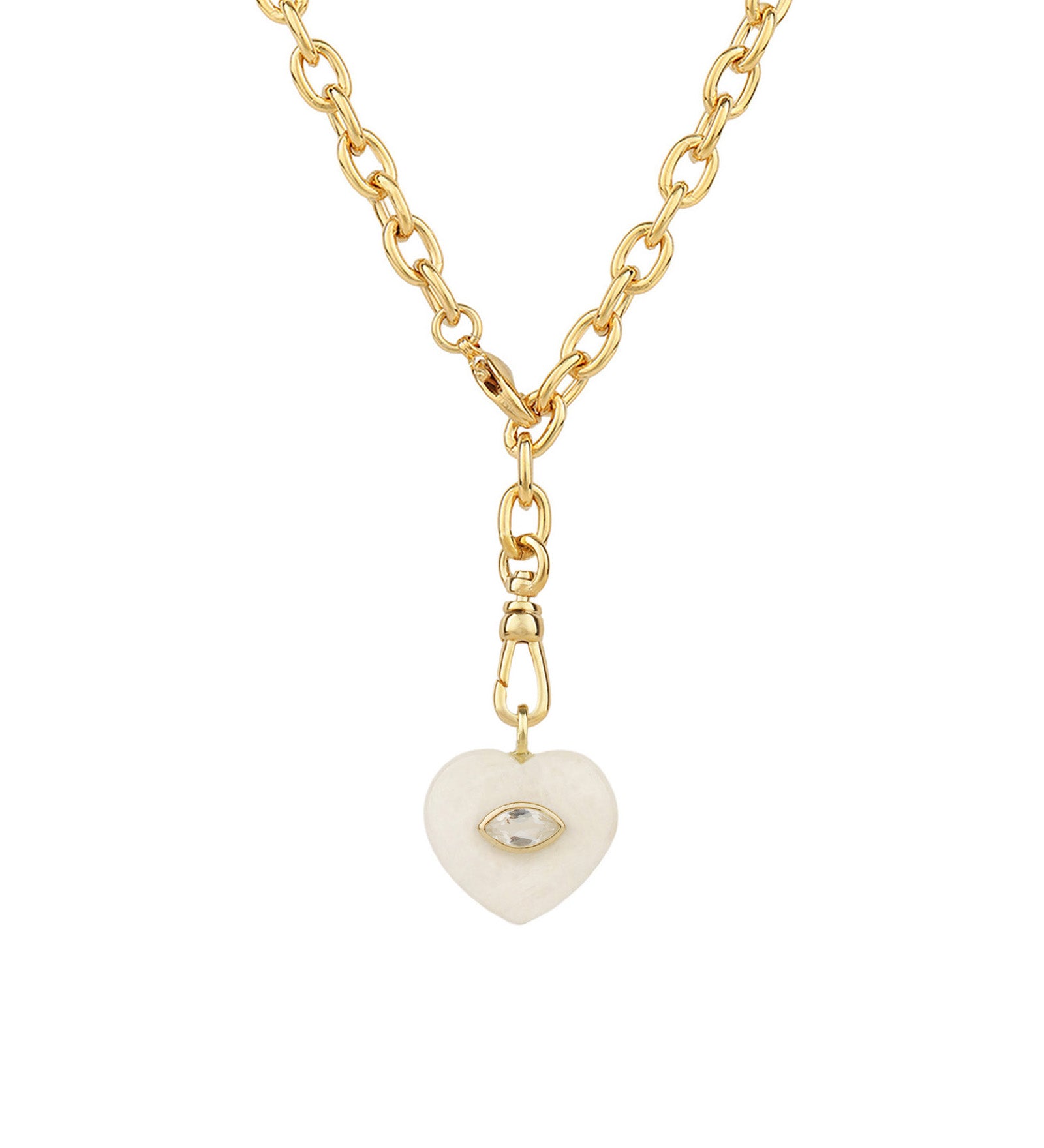 Moonstone & White Topaz Heart Y Necklace 14k Gold Plated, Moonstone, White Topaz