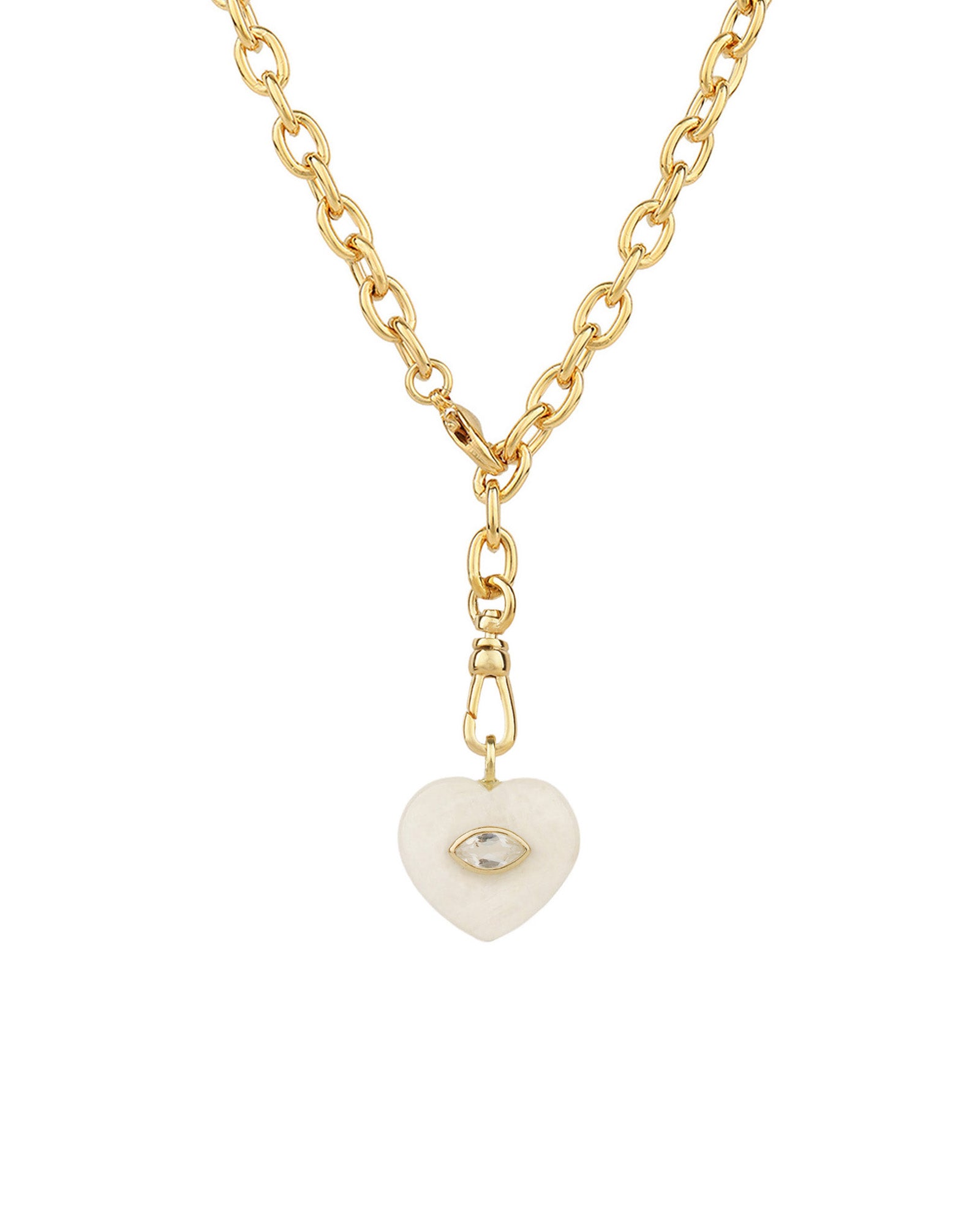 Moonstone & White Topaz Heart Y Necklace 14k Gold Plated, Moonstone, White Topaz