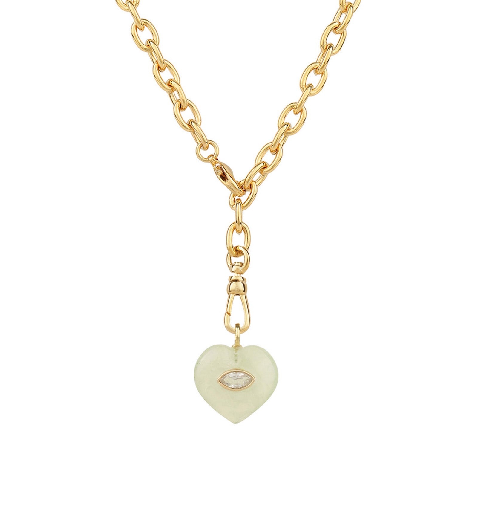 Prehnite & White Topaz Heart Y Necklace 14k Gold Plated, Prehnite, White Topaz