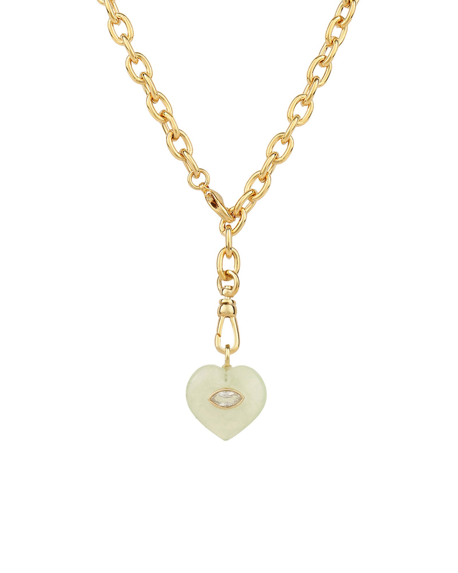 Prehnite & White Topaz Heart Y Necklace 14k Gold Plated, Prehnite, White Topaz