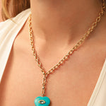 Turquoise & White Topaz Heart Y Necklace 14k Gold Plated, Turquoise, White Topaz