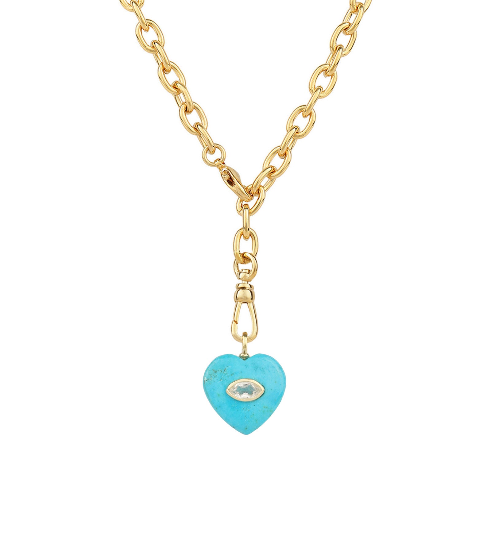 Turquoise & White Topaz Heart Y Necklace 14k Gold Plated, Turquoise, White Topaz