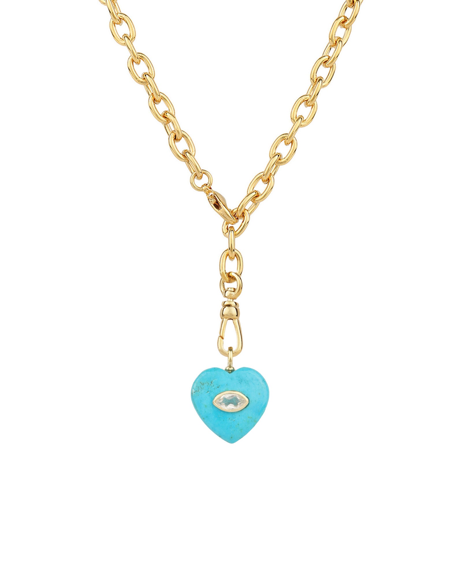 Turquoise & White Topaz Heart Y Necklace 14k Gold Plated, Turquoise, White Topaz