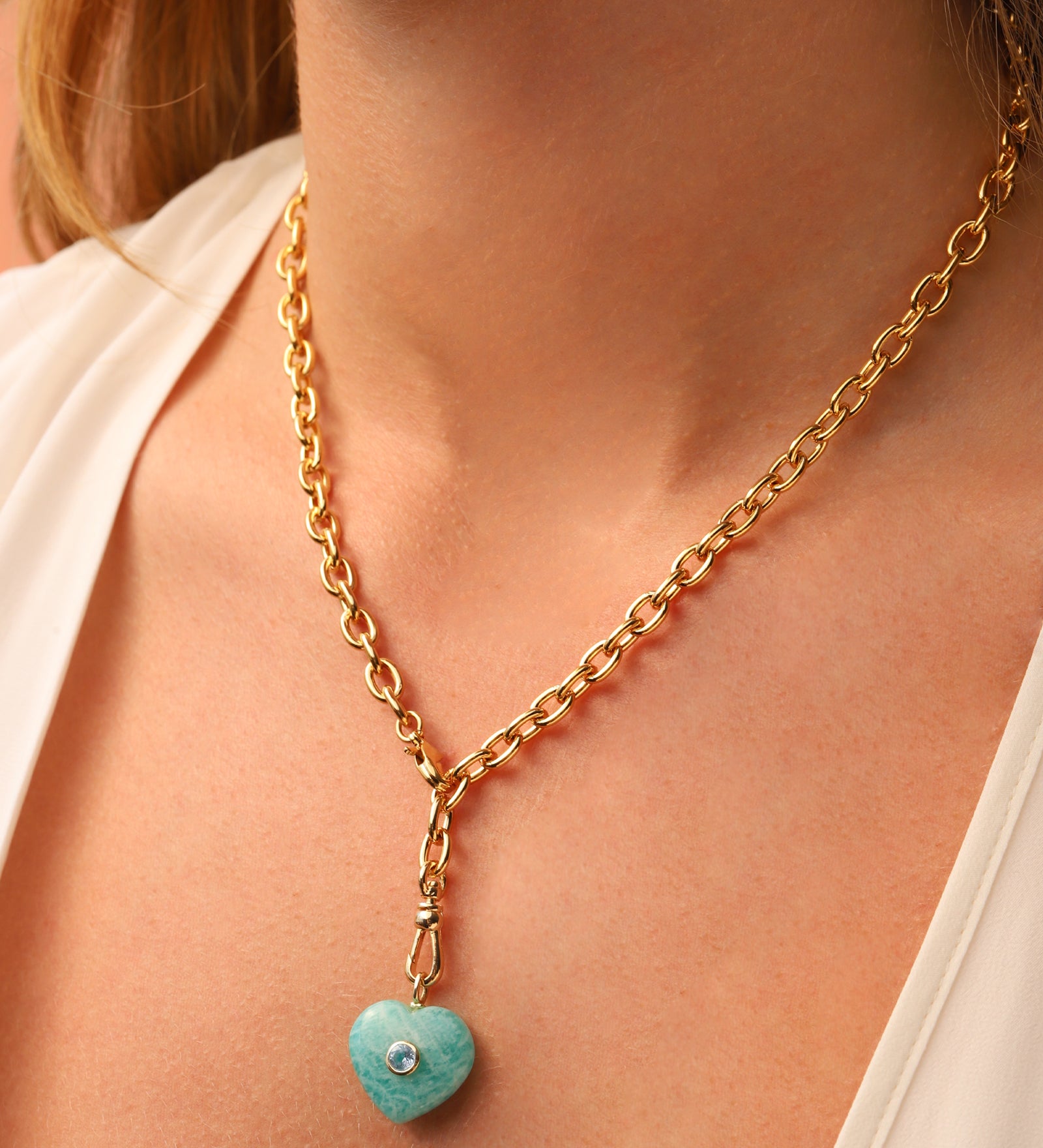 Amazonite & Blue Topaz Heart Y Necklace 14k Gold Plated, Amazonite, Blue Topaz