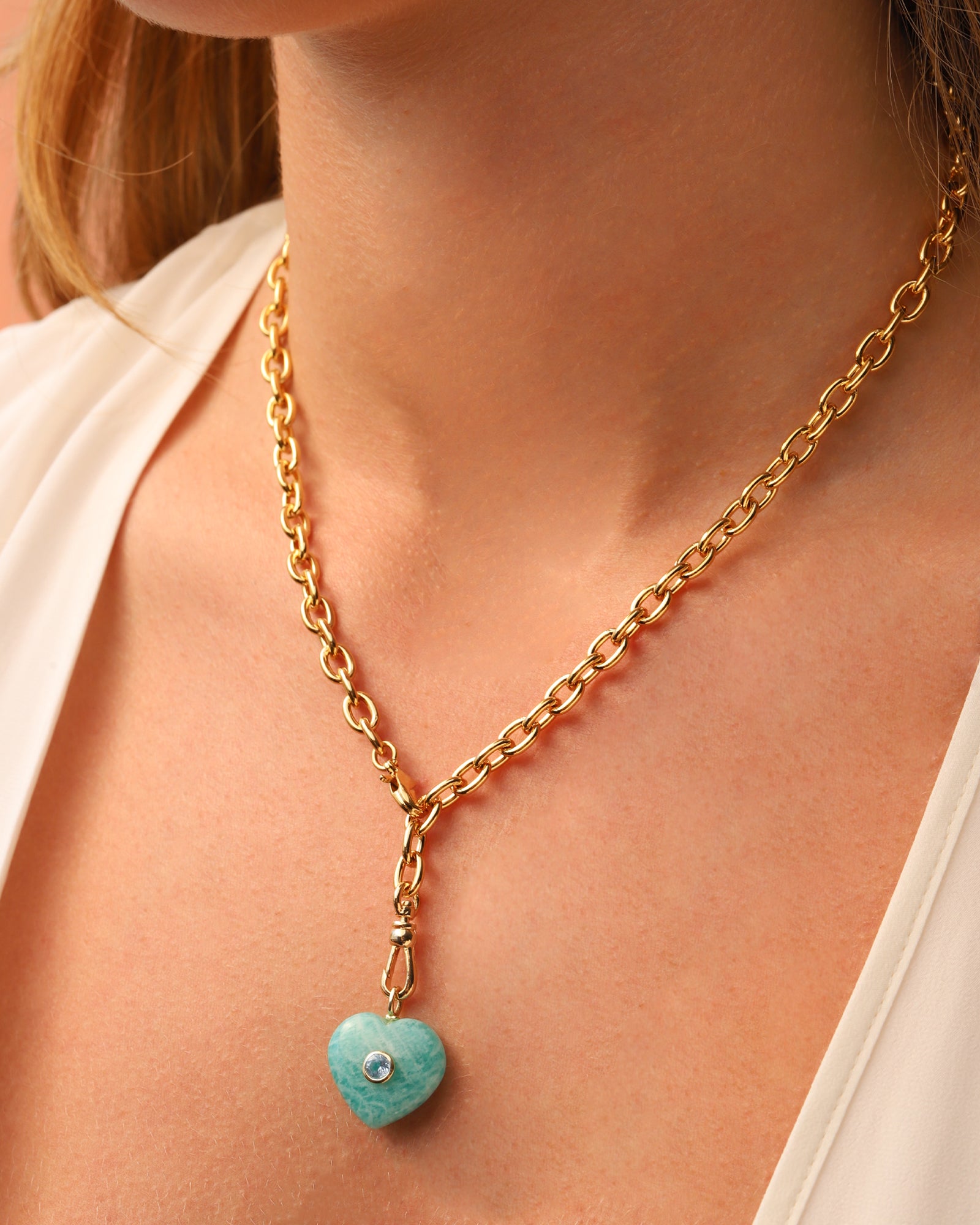 Amazonite & Blue Topaz Heart Y Necklace 14k Gold Plated, Amazonite, Blue Topaz