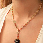 Black Onyx & Blue Topaz Heart Y Necklace 14k Gold Plated, Black Onyx, Blue Topaz