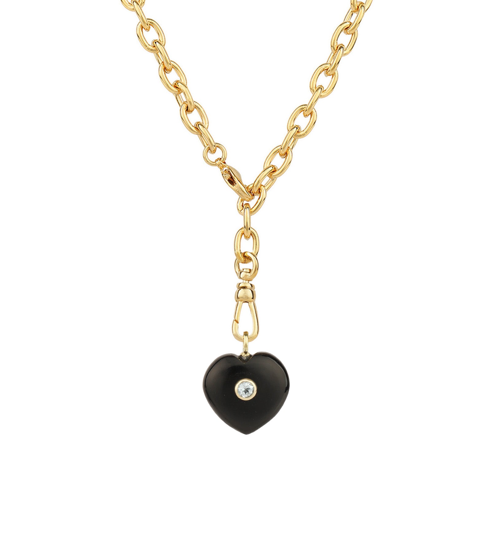 Black Onyx & Blue Topaz Heart Y Necklace 14k Gold Plated, Black Onyx, Blue Topaz