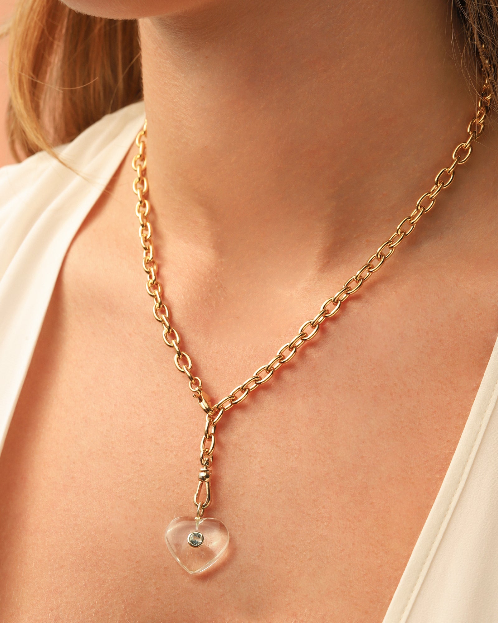Crystal Quartz & Blue Topaz Heart Y Necklace 14k Gold Plated, Crystal Quartz, Blue Topaz