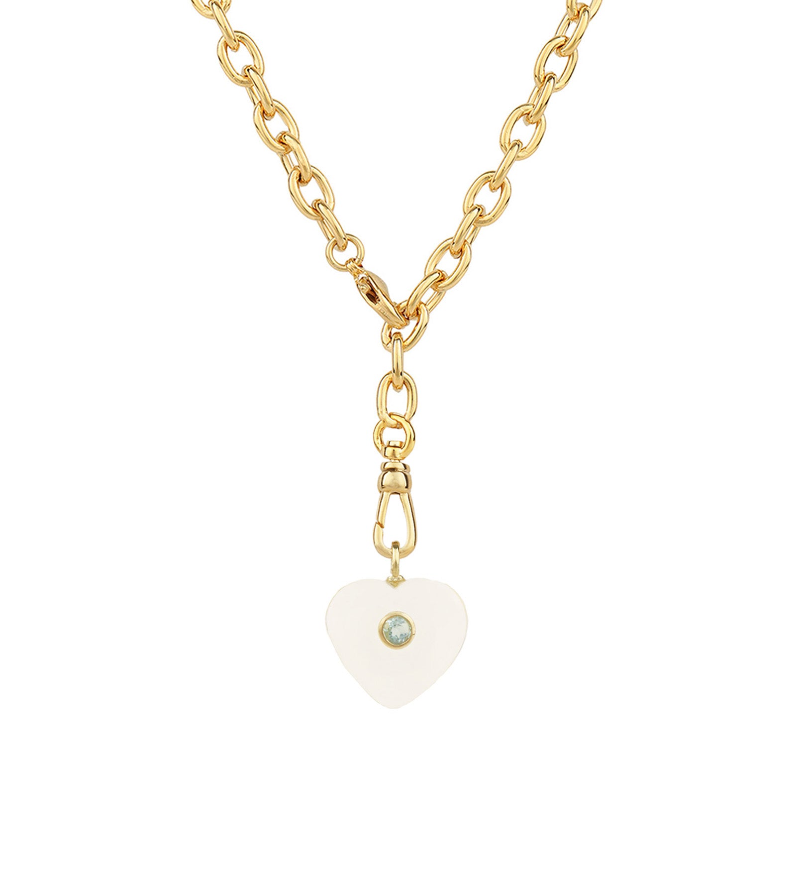 Crystal Quartz & Blue Topaz Heart Y Necklace 14k Gold Plated, Crystal Quartz, Blue Topaz