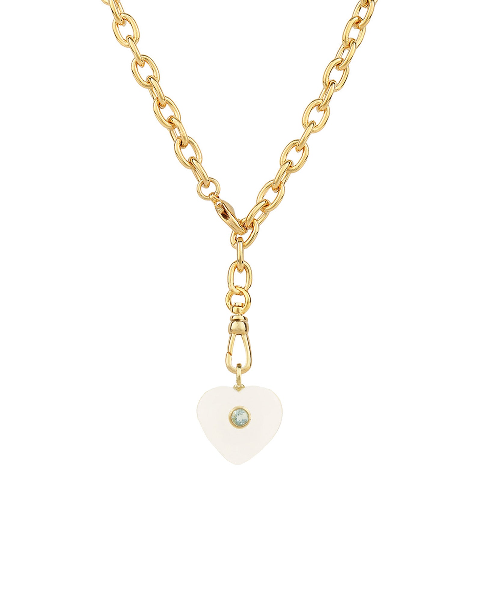 Crystal Quartz & Blue Topaz Heart Y Necklace 14k Gold Plated, Crystal Quartz, Blue Topaz