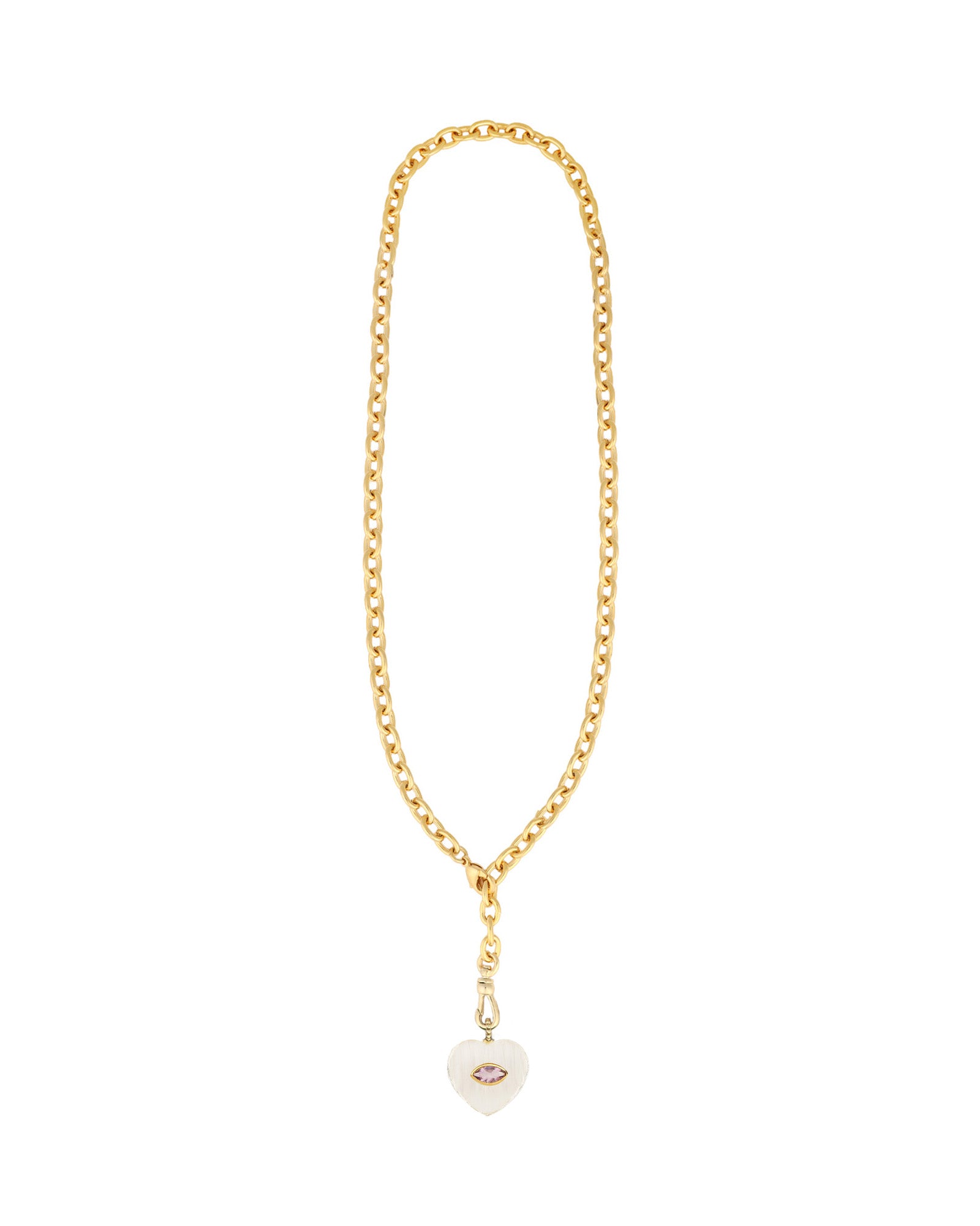 Carved Crystal Quartz & Amethyst Heart Y Necklace 14k Gold Plated, Crystal Quartz, Amethyst