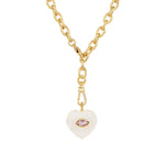 Carved Crystal Quartz & Amethyst Heart Y Necklace 14k Gold Plated, Crystal Quartz, Amethyst