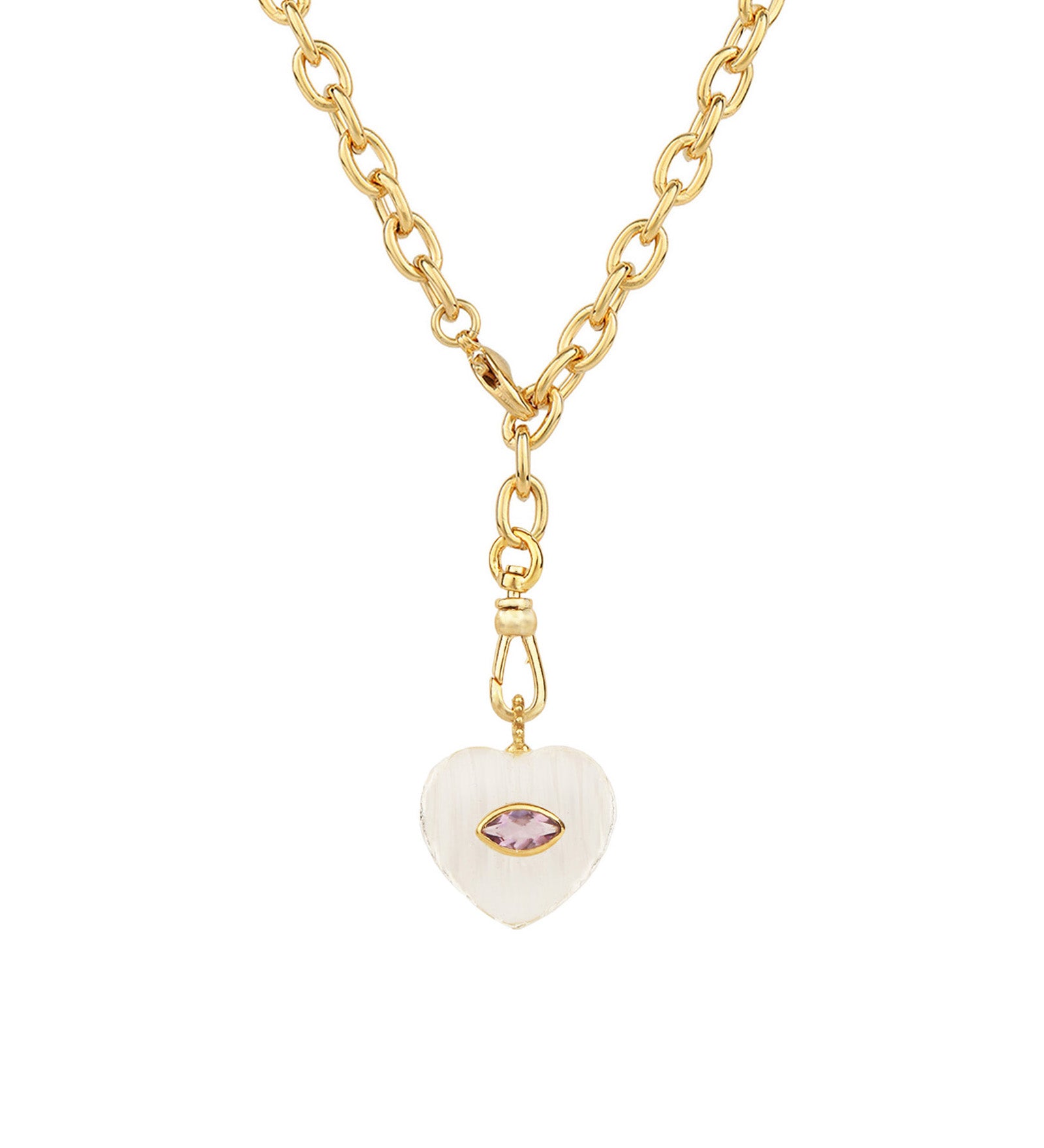Carved Crystal Quartz & Amethyst Heart Y Necklace 14k Gold Plated, Crystal Quartz, Amethyst