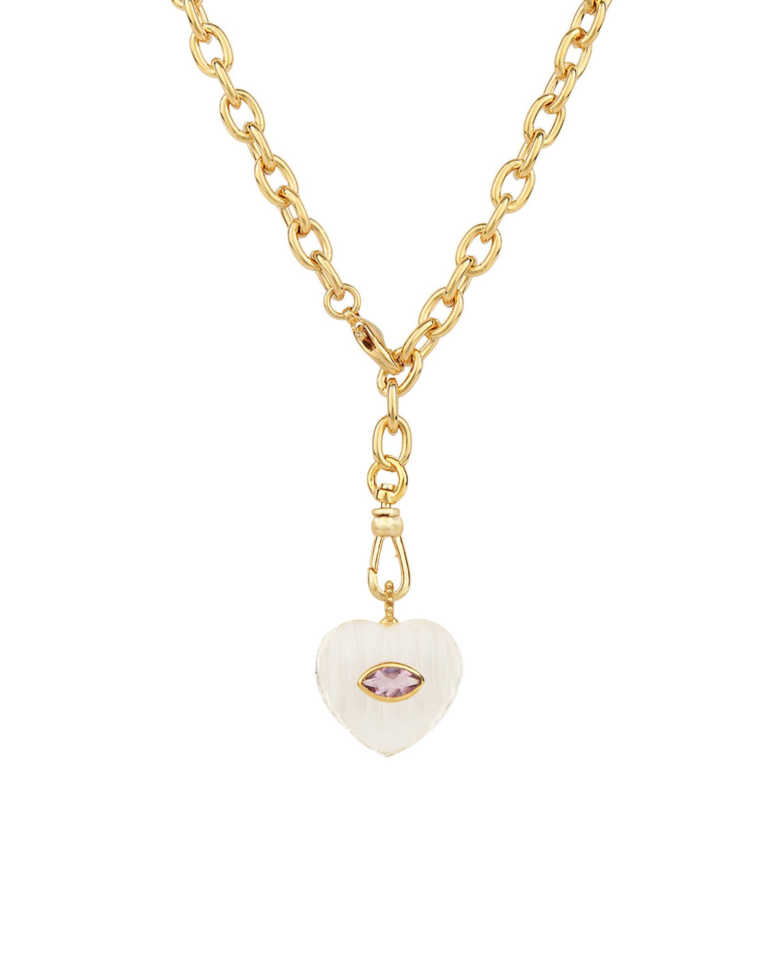 Carved Crystal Quartz & Amethyst Heart Y Necklace 14k Gold Plated, Crystal Quartz, Amethyst