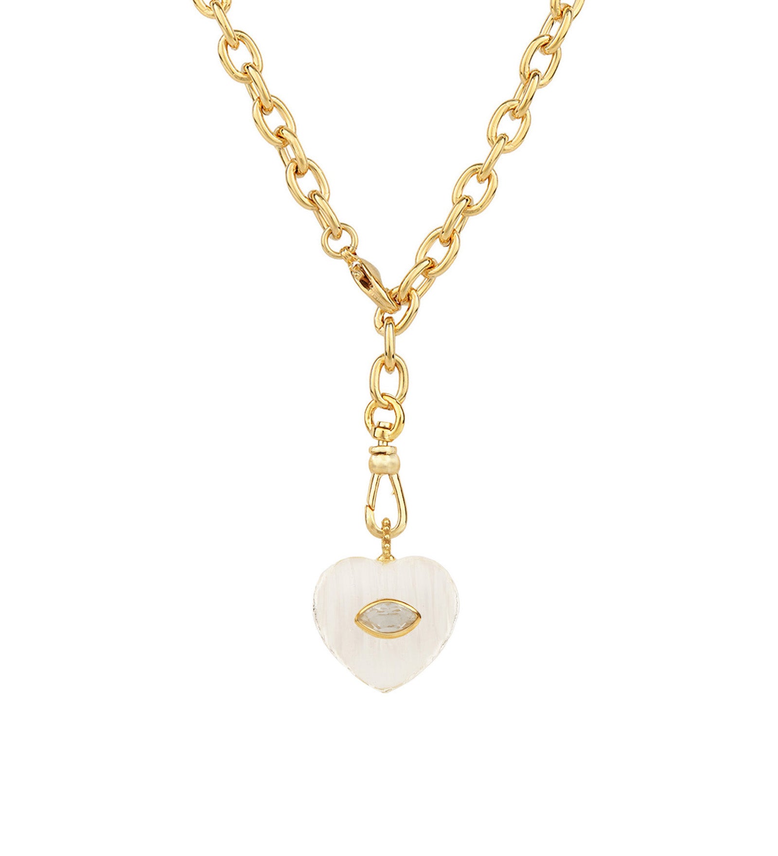 Carved Crystal Quartz & White Topaz Heart Y Necklace 14k Gold Plated, Crystal Quartz, White Topaz