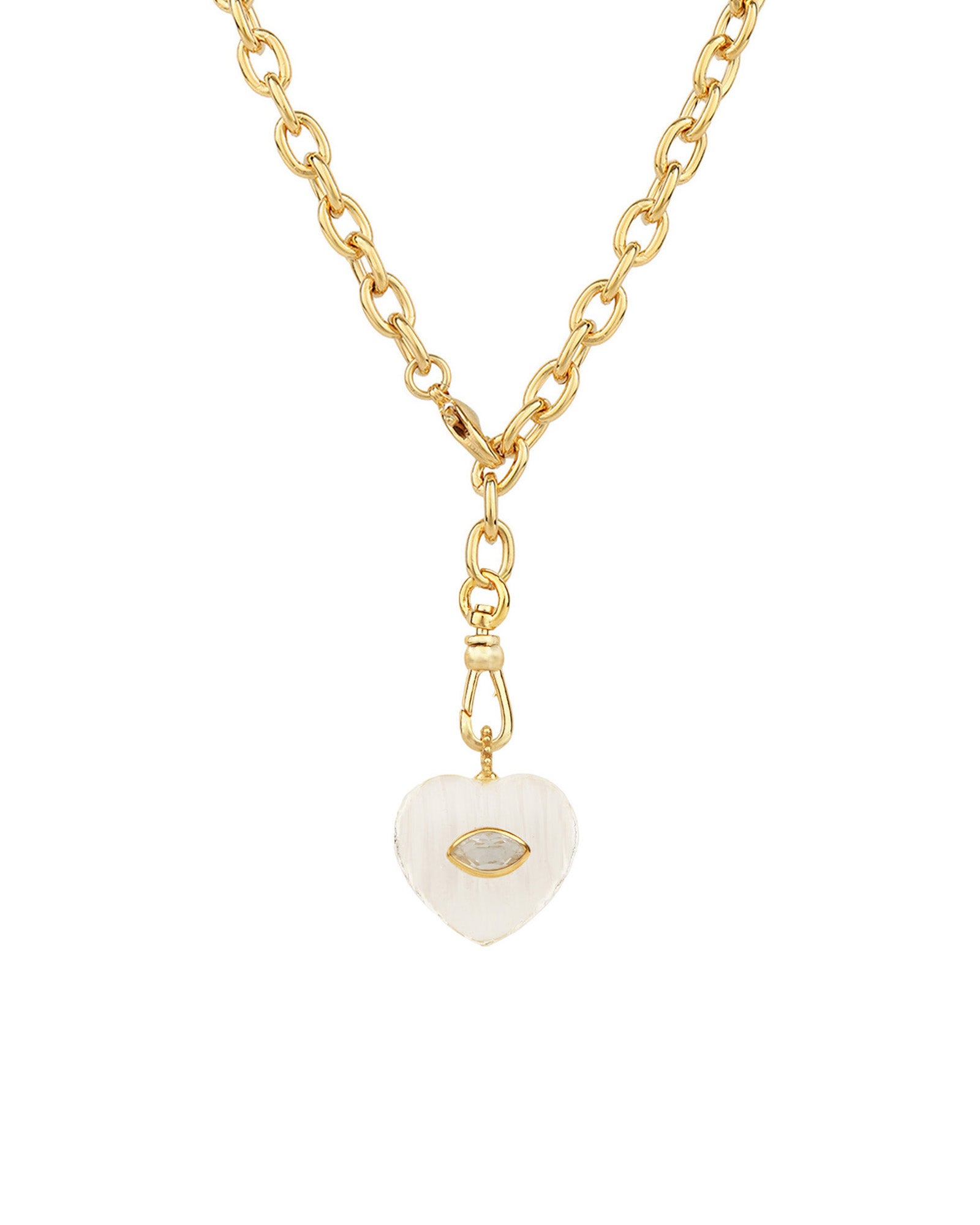 Carved Crystal Quartz & White Topaz Heart Y Necklace 14k Gold Plated, Crystal Quartz, White Topaz