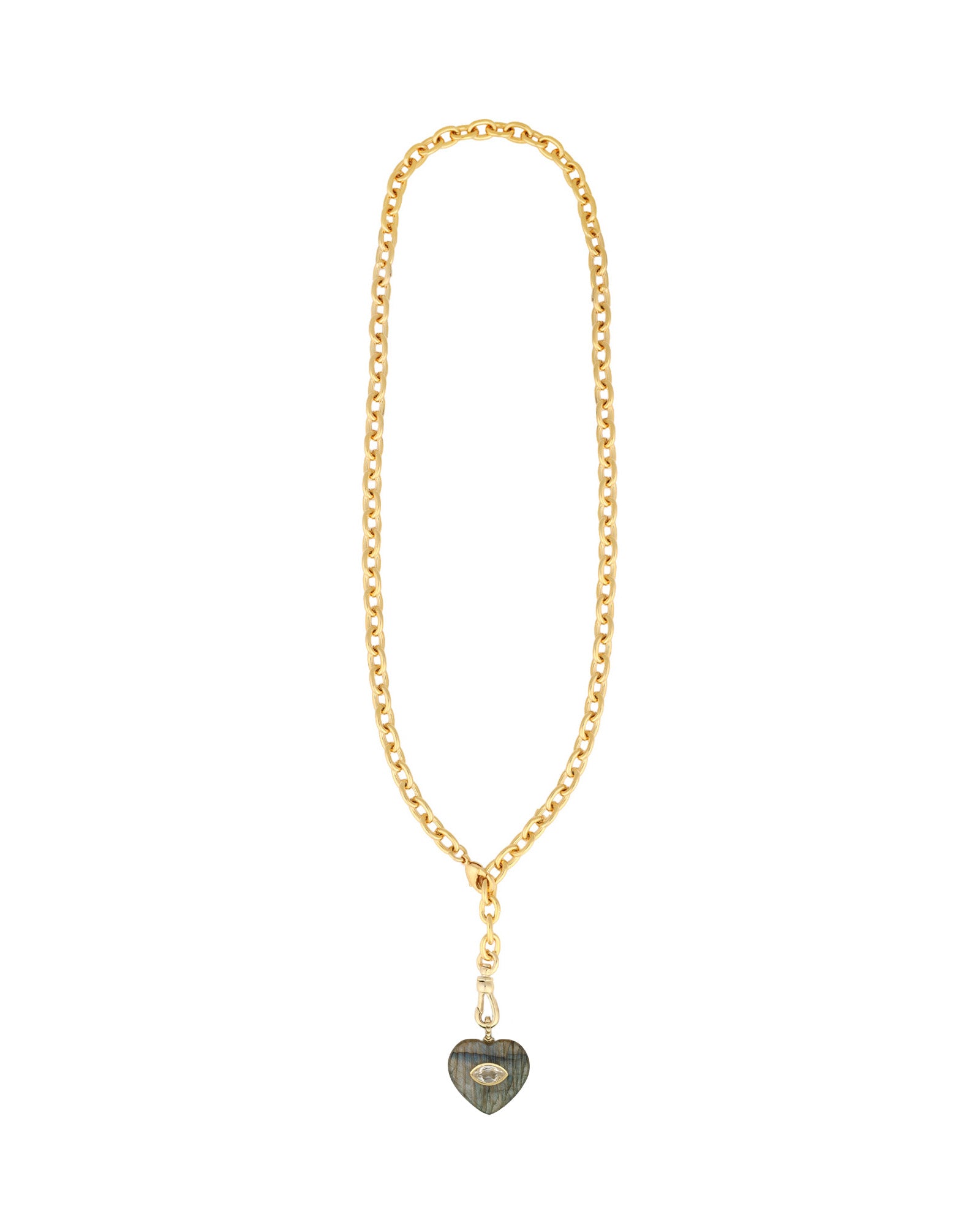 Carved Labradorite & White Topaz Heart Y Necklace 14k Gold Plated, Labradorite, White Topaz