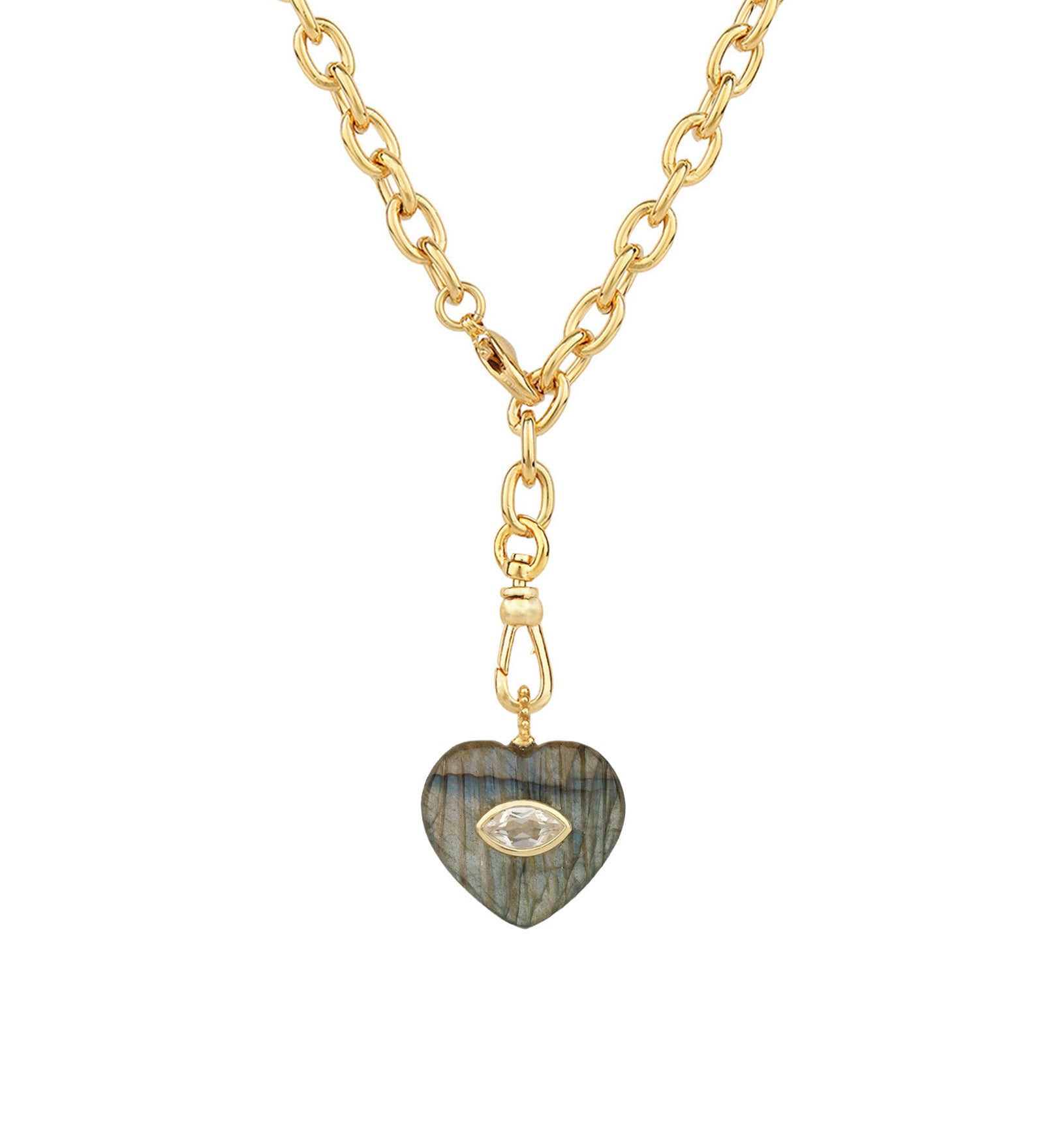 Carved Labradorite & White Topaz Heart Y Necklace 14k Gold Plated, Labradorite, White Topaz