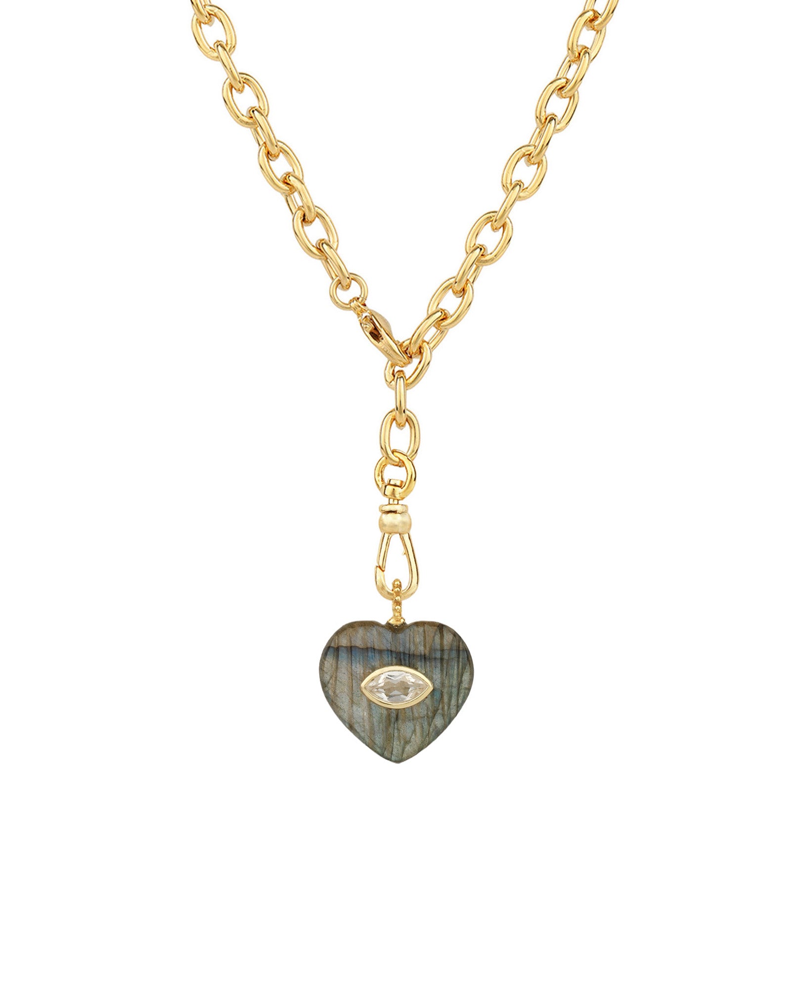 Carved Labradorite & White Topaz Heart Y Necklace 14k Gold Plated, Labradorite, White Topaz