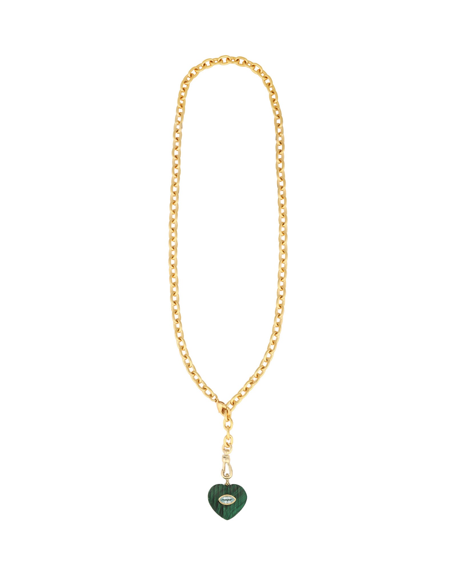 Carved Malachite & Blue Topaz Heart Y Necklace 14k Gold Plated, Malachite, Blue Topaz