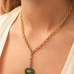 Carved Malachite & Blue Topaz Heart Y Necklace 14k Gold Plated, Malachite, Blue Topaz