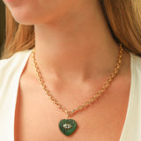 Carved Malachite & Blue Topaz Heart Y Necklace 14k Gold Plated, Malachite, Blue Topaz