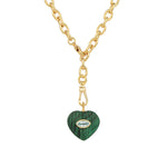 Carved Malachite & Blue Topaz Heart Y Necklace 14k Gold Plated, Malachite, Blue Topaz