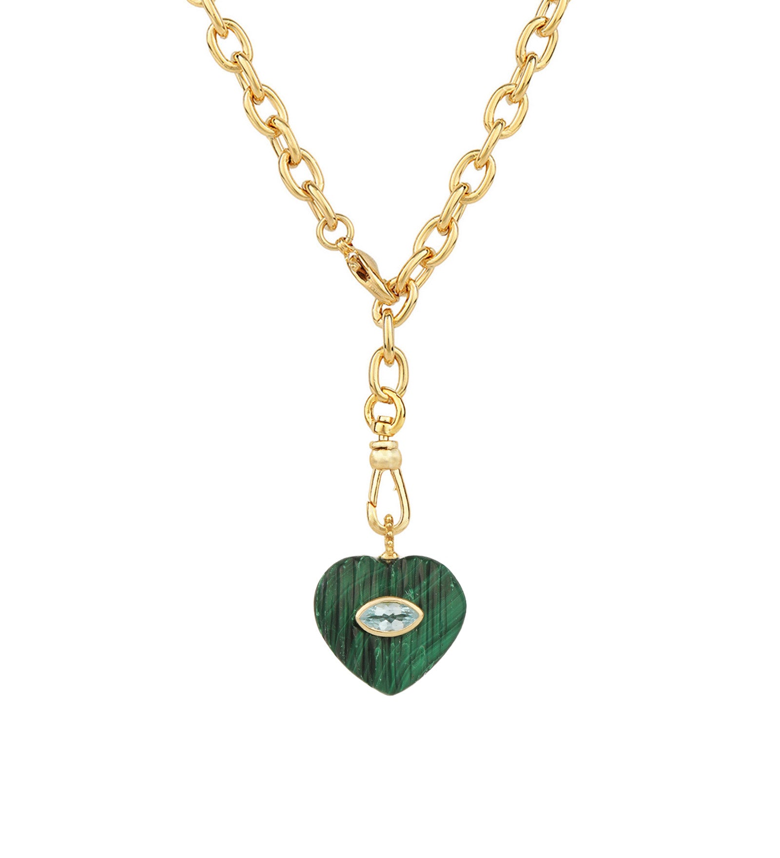 Carved Malachite & Blue Topaz Heart Y Necklace 14k Gold Plated, Malachite, Blue Topaz