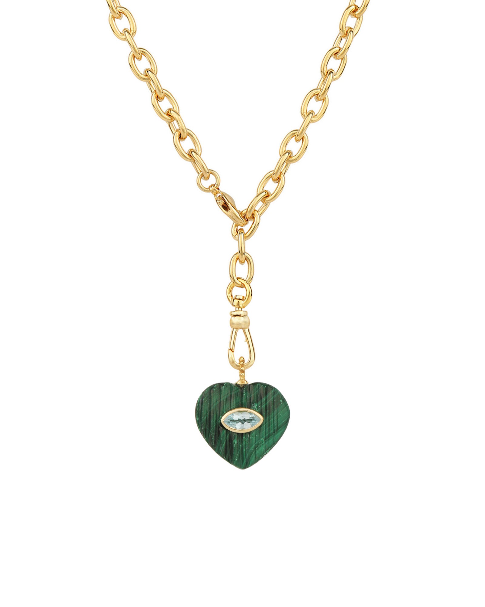 Carved Malachite & Blue Topaz Heart Y Necklace 14k Gold Plated, Malachite, Blue Topaz
