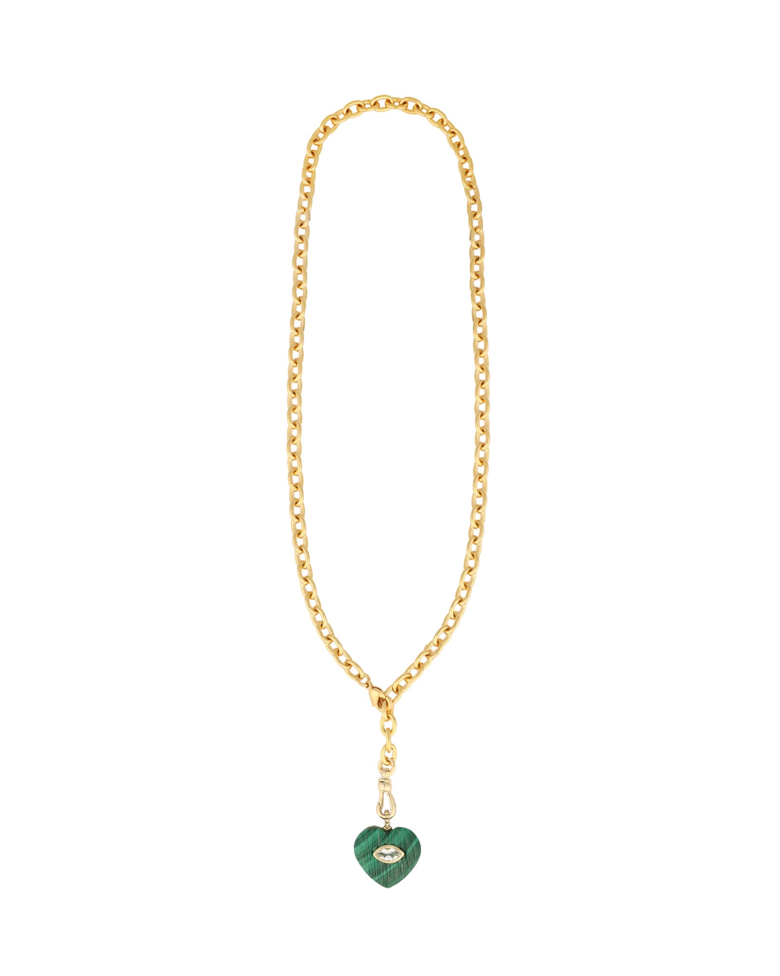 Carved Malachite & White Topaz Heart Y Necklace 14k Gold Plated, Malachite, White Topaz