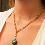 Carved Malachite & White Topaz Heart Y Necklace 14k Gold Plated, Malachite, White Topaz