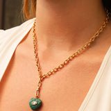 Carved Malachite & White Topaz Heart Y Necklace 14k Gold Plated, Malachite, White Topaz